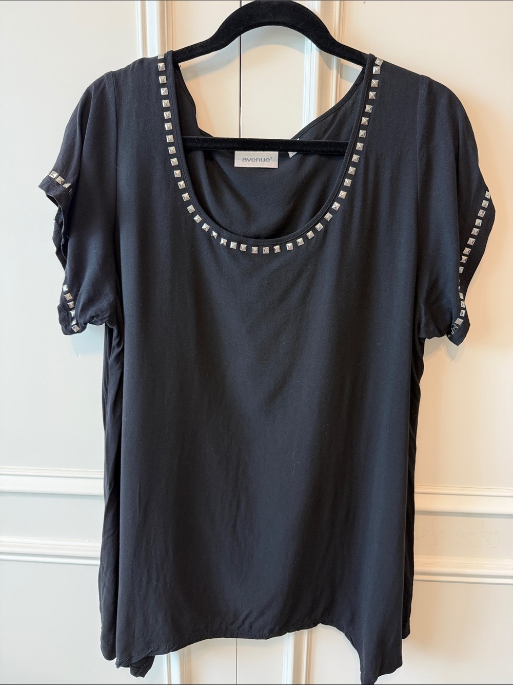 Avenue Black Scoop Neck Short Sleeve Top with Silver Stud Trim